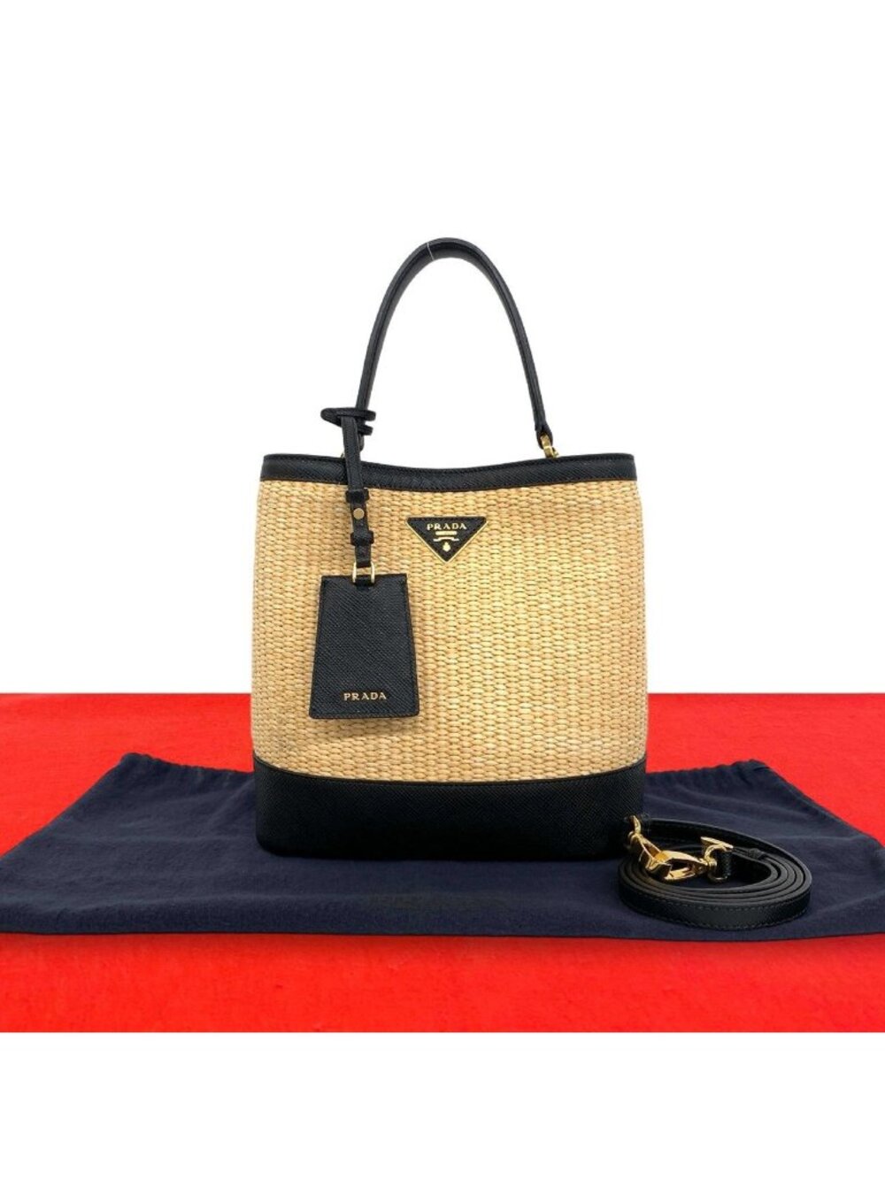 Prada Panier Triangle Logo Raffia Saffiano Leather 2-Way Shoulder Bag Beige